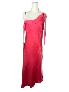 90s Vintage Niki Coral Pink Asymmetrical Chiffon Scarf Neckline Fairycore Dress